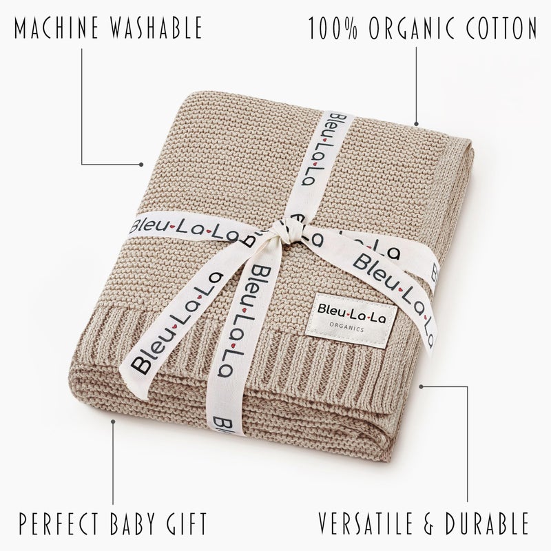 Bleu La La - 100% Organic Cotton Heritage Knit Textured Baby Quilt Blanket â€“ Signature Heritage Knit, Soft Breathable Newborn Baby Blanket (Heritage - Oatmeal) - Image 3
