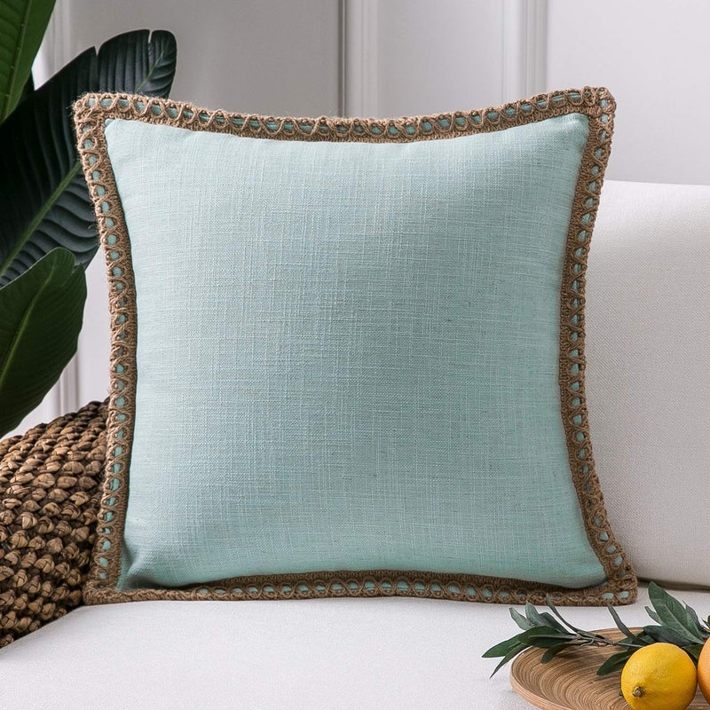 Phantoscope Farmhouse Solid Throw Decorative Pillow Cover Burlap Linen Trimmed Tailored Edges Outdoor Pillow Light Turquoise 18 x 18 inches, 45 x 45 cm - Image 1