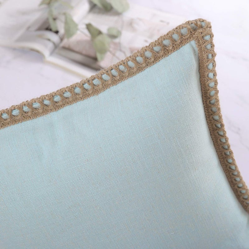 Phantoscope Farmhouse Solid Throw Decorative Pillow Cover Burlap Linen Trimmed Tailored Edges Outdoor Pillow Light Turquoise 18 x 18 inches, 45 x 45 cm - Image 2