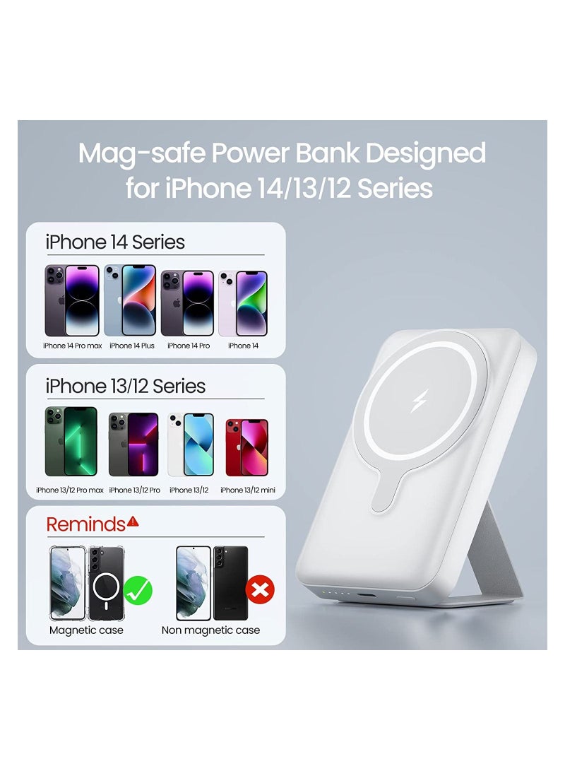 Raxoom Magnetic Wireless Portable Charger, 10000mAh Mag-Safe Battery Pack 15W Fast Charging, USB-C Power Bank Foldable Stand Compatible iPhone 14/13/12 Pro Max Plus Mini (White)  - Image 2
