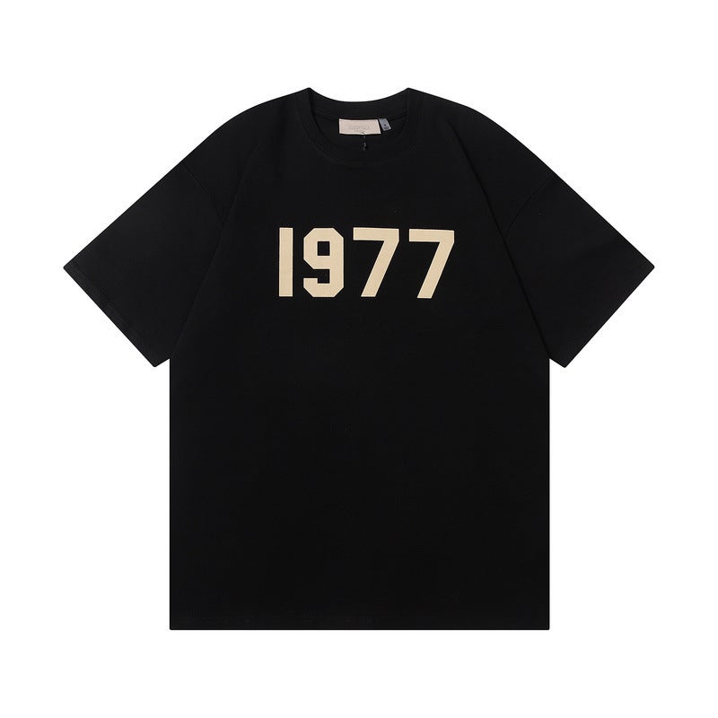 2022 1977 Flocking Letter Double Yarn Fabric Plus Size Loose High Street Fashion Brand Short Sleeve T-Shirt - Image 1