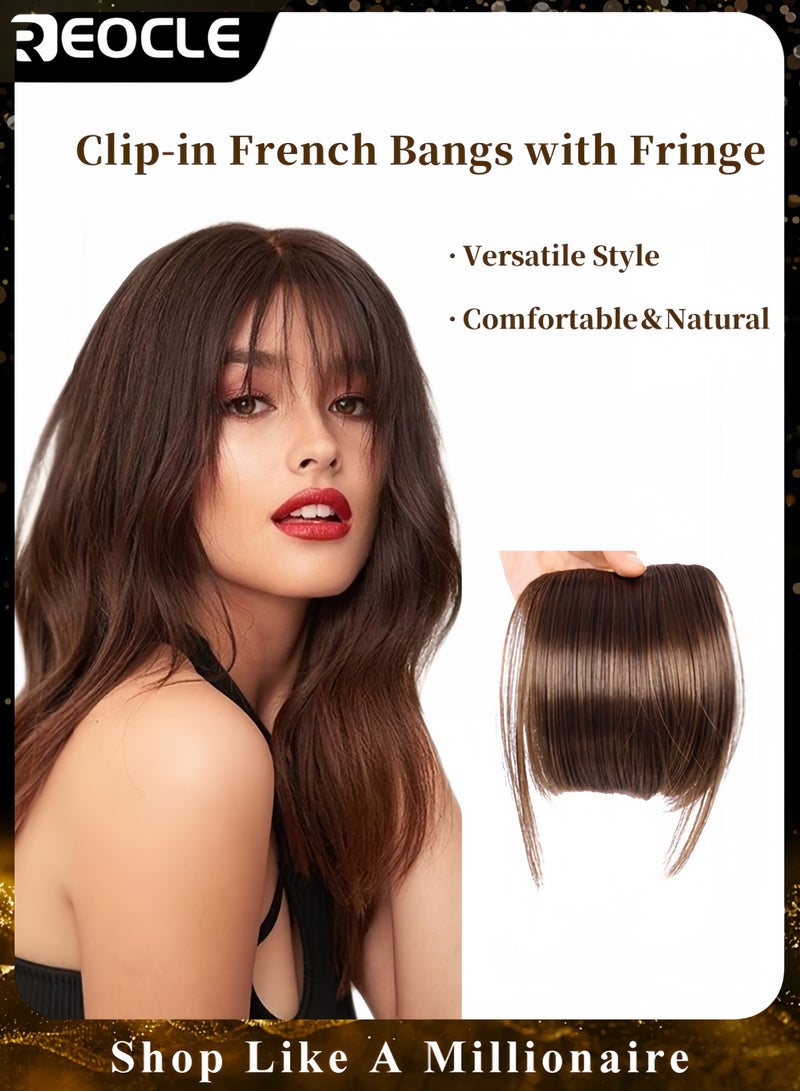 REOCLE Women's Air Bangs Clip-In Human Hair Bangs Extensions French Bangs Neat with Temples Clip-On Fringe Real Hair for Women Natural Color Washable and Dyeable
