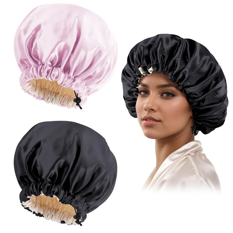 Edoneery Satin Silk Bonnet for Curly Hair Bonnet Braid Bonnet for Sleeping Bonnets for Women Large Double-Layer Adjustable(Black&Pink) - Image 3