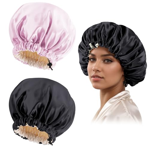 Edoneery Satin Silk Bonnet for Curly Hair Bonnet Braid Bonnet for Sleeping Bonnets for Women Large Double-Layer Adjustable(Black&Pink) - Image 1