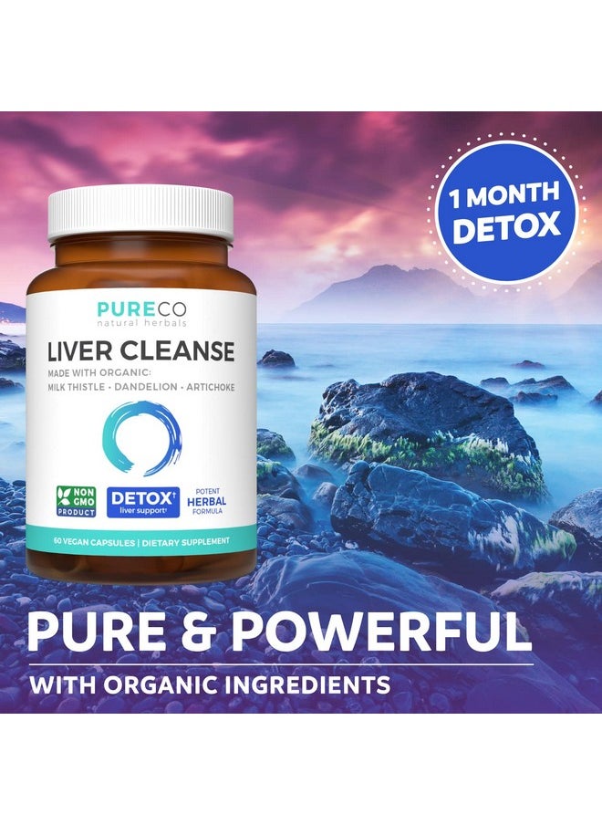 PURE CO - Organic Liver Cleanse Detox  Repair Milk Thistle Extract 80% Silymarin Dandelion Root Artichoke Leaf  Yellow Dock Extracts Liver Detox Supplement Support Health Formula 60 Vegan Capsules - Image 1