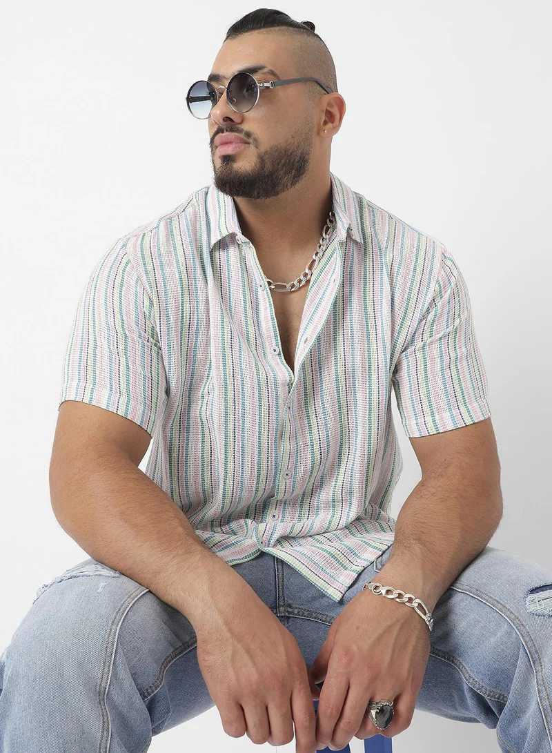 Instafab Plus Men's Pink & Green Unbalanced Striped Woven Shirt