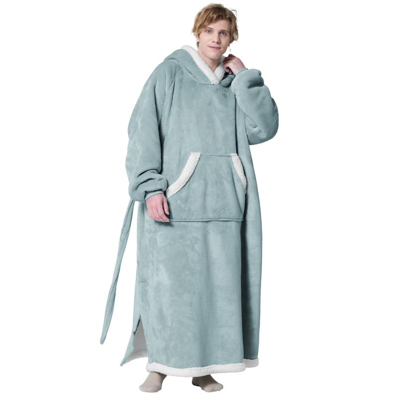 Bedsure Bedsure Oversized Wearable Blanket Hoodie - Long Sherpa Fleece Hooded Blanket for Adult Women Men  Warm Cozy Blanket Sweatshirt with Giant Pocket and Belt  Winter Gifts for Men  Oversize  Light Green  - Image 1