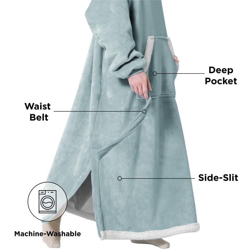 Bedsure Bedsure Oversized Wearable Blanket Hoodie - Long Sherpa Fleece Hooded Blanket for Adult Women Men  Warm Cozy Blanket Sweatshirt with Giant Pocket and Belt  Winter Gifts for Men  Oversize  Light Green  - Image 3