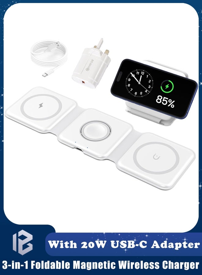 بازار شاحن لاسلكي مغناطيسي قابل للطي 3 في 1 مع محول USB-C بقوة 20 وات - محطة شحن سريعة لسلسلة iPhone 16/15/14/13/12، Apple Watch Ultra/10/9/8/7/6/5/4/3/2/SE، AirPods Pro/3/2 (أبيض) - Image 1