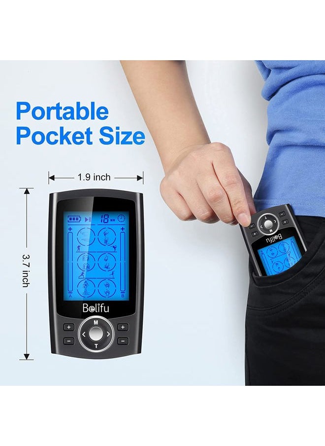 Belifu Dual Channel TENS EMS Unit 24 Modes Muscle Stimulator for Pain Relief Therapy, Electronic Pulse Massager Muscle Massager with 10 Pads, Dust-Proof Drawstring Storage Bag, Fastening Cable Ties  - Image 3