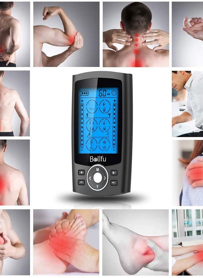 Belifu Dual Channel TENS EMS Unit 24 Modes Muscle Stimulator for Pain Relief Therapy, Electronic Pulse Massager Muscle Massager with 10 Pads, Dust-Proof Drawstring Storage Bag, Fastening Cable Ties  - Image 2