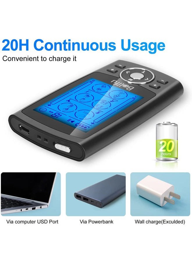 Belifu Dual Channel TENS EMS Unit 24 Modes Muscle Stimulator for Pain Relief Therapy, Electronic Pulse Massager Muscle Massager with 10 Pads, Dust-Proof Drawstring Storage Bag, Fastening Cable Ties  - Image 4
