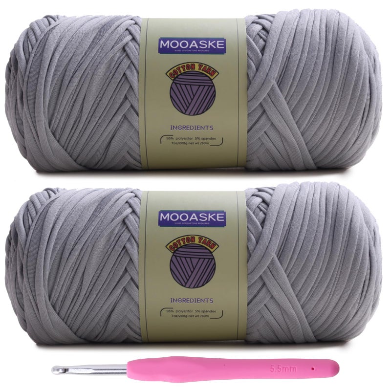 Mooaske 2 Pack T-Shirt Crochet Yarn for DIY Knitting Crochet Cloth Blanket Bag Dolls - 400g Chunky Thick Yarn for Crocheting with Polyester-Spandex Blend Elastic Fabric (Gray) - Image 1
