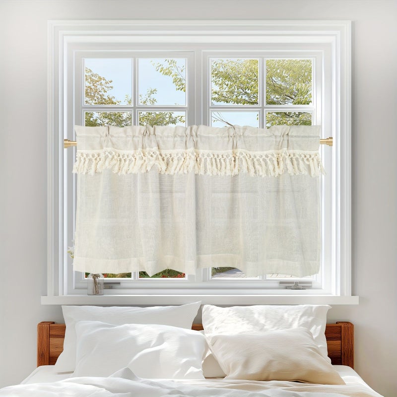 Single Piece Faux Linen Patchwork Tassel Curtain With Rod Pocket Top W90 X H17 72 Inch For Bedroom Kitchen Dining Room Machine Washable Unlined Artistic Home Decor For All Seasons - Image 2