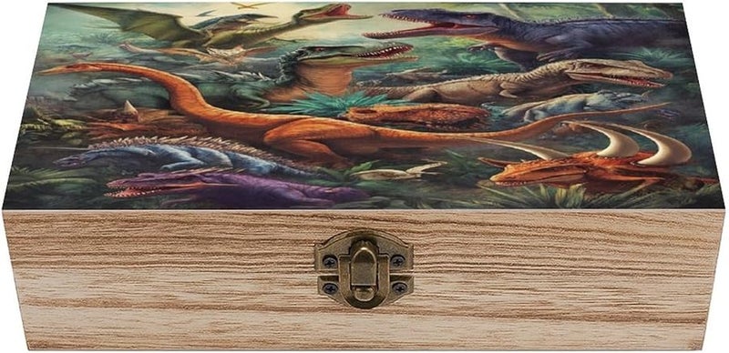 Colorful Dinosaur Jungle Scene Wooden Keepsake Box with Lid for Wedding Memories Photos Crafts - Image 1