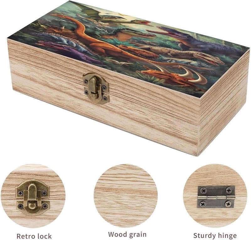 Colorful Dinosaur Jungle Scene Wooden Keepsake Box with Lid for Wedding Memories Photos Crafts - Image 4