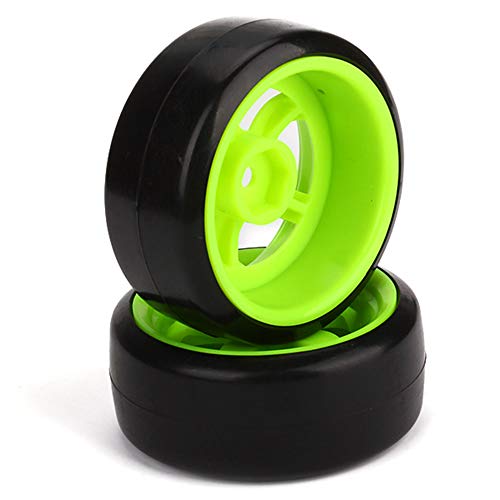 BQLZR 65 mm OD Black Plastic Smooth Tires with Green Wheel Rims for RC 1: 10 On Road Racing & Drift Car Pack of 4 - Image 2