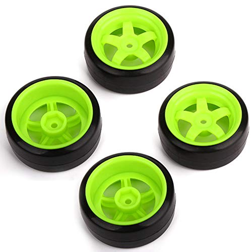 BQLZR 65 mm OD Black Plastic Smooth Tires with Green Wheel Rims for RC 1: 10 On Road Racing & Drift Car Pack of 4 - Image 1