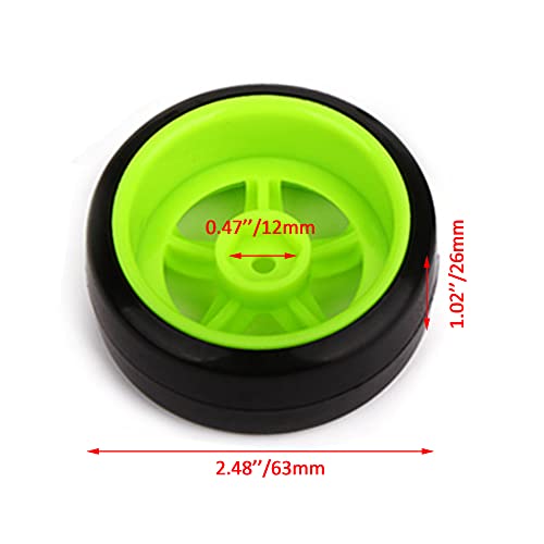 BQLZR 65 mm OD Black Plastic Smooth Tires with Green Wheel Rims for RC 1: 10 On Road Racing & Drift Car Pack of 4 - Image 4