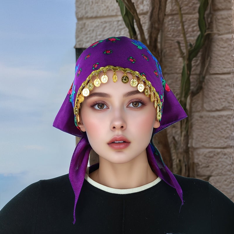 Fashionable Peony Headscarf with Luxurious Gold Sequin Accessories - Breathable, Dustproof, Lightweight Summer Wrap for Women - Image 2