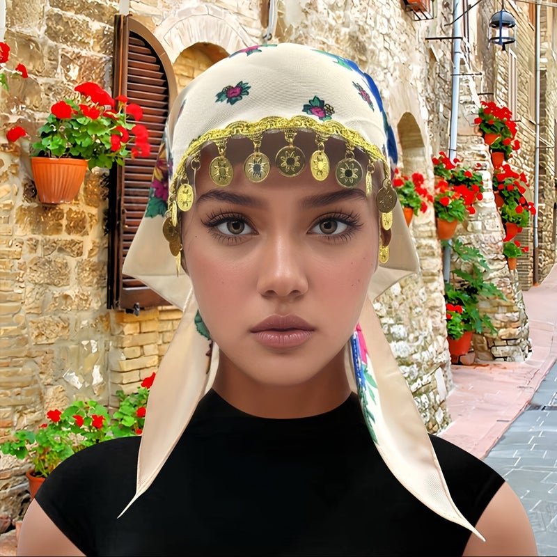 Fashionable Peony Headscarf with Luxurious Gold Sequin Accessories - Breathable, Dustproof, Lightweight Summer Wrap for Women - Image 1