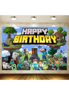 Party Minecraft Birthday Background Minecraft Theme Children's Birthday Party Photo Cloth Banner 3D can be used with balloons, large size 150*100cm 