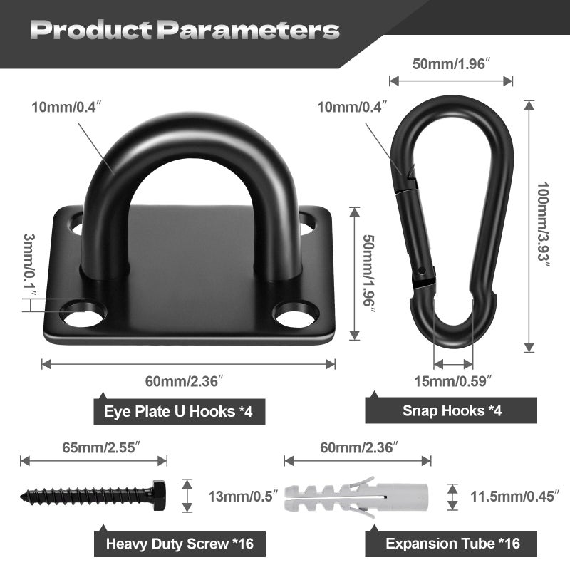 XIEKRAB Stainless Steel Heavy Duty Ceiling Hooks 4-Pack, M10 Pad Eye Hook with Snap Hooks, Eye Hooks Heavy Duty Mounting Plate, Swing Hooks for Indoor/Outdoor Use with Screws & Expansion Tubes - Image 2