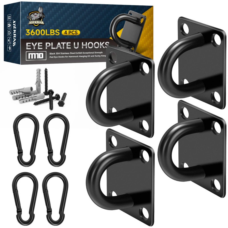 XIEKRAB Stainless Steel Heavy Duty Ceiling Hooks 4-Pack, M10 Pad Eye Hook with Snap Hooks, Eye Hooks Heavy Duty Mounting Plate, Swing Hooks for Indoor/Outdoor Use with Screws & Expansion Tubes - Image 1