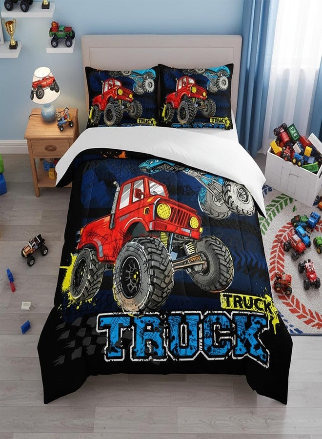 QOOMO Monster Truck Comforter Set for Kids Teens Boys,Cars Kids Comforter Comforter with 2 Pillowcase, Microfiber 3 Piece Bedding Set,Soft and Lightweight(Black，Twin Size) - Image 2