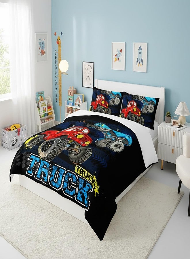 QOOMO Monster Truck Comforter Set for Kids Teens Boys,Cars Kids Comforter Comforter with 2 Pillowcase, Microfiber 3 Piece Bedding Set,Soft and Lightweight(Black，Twin Size) - Image 3