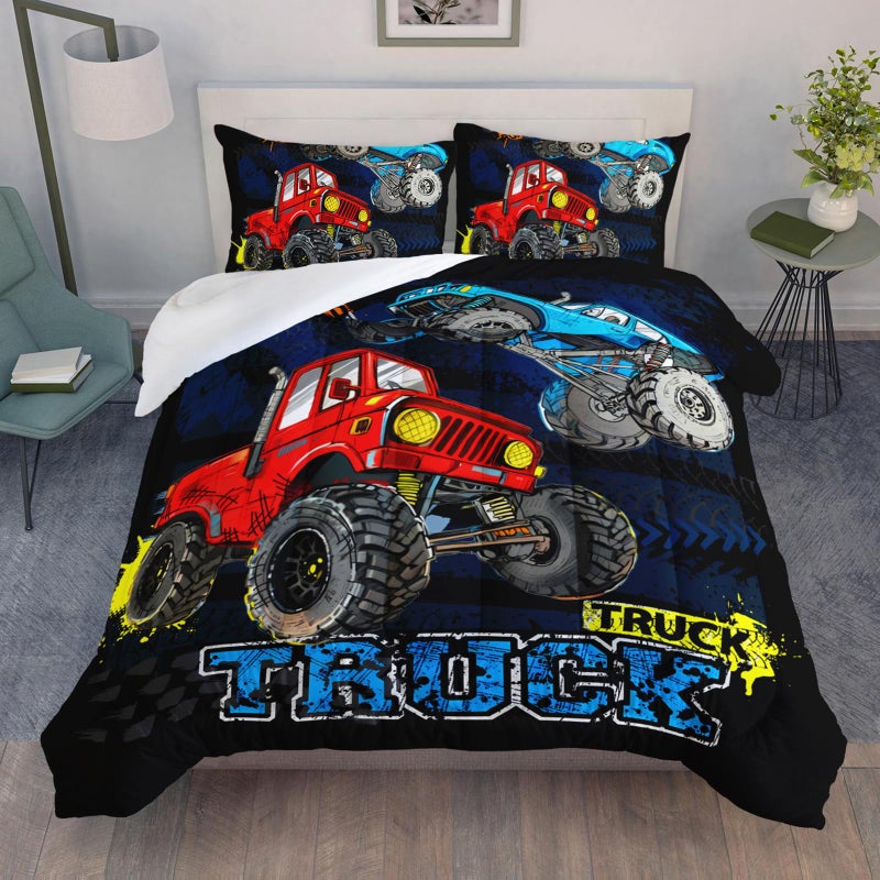QOOMO Monster Truck Comforter Set for Kids Teens Boys,Cars Kids Comforter Comforter with 2 Pillowcase, Microfiber 3 Piece Bedding Set,Soft and Lightweight(Black，Twin Size) - Image 1