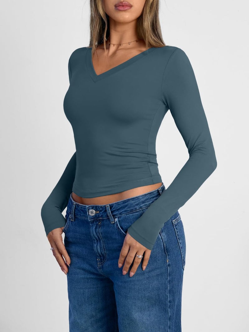 Trendy Queen Long Sleeve Shirts for Women 2026 Fall Fashion Crop Tops for Women V Neck Casual Basics Slim Fitted Y2K Cute Dress Tops Winter Outfits Clothes Blouses HazeBlue S - Image 3