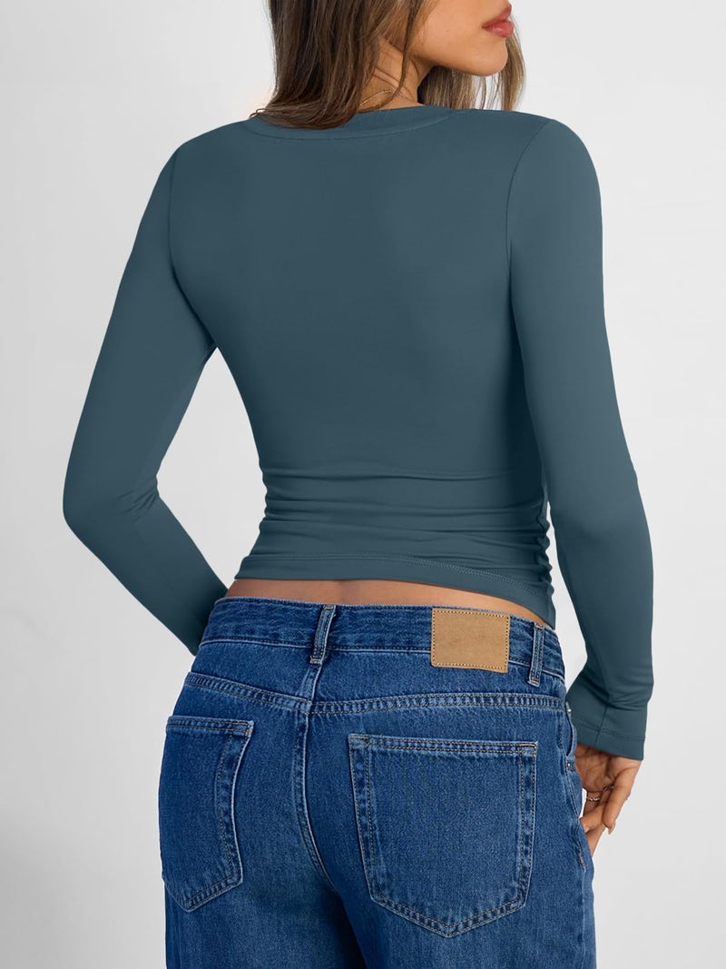 Trendy Queen Long Sleeve Shirts for Women 2026 Fall Fashion Crop Tops for Women V Neck Casual Basics Slim Fitted Y2K Cute Dress Tops Winter Outfits Clothes Blouses HazeBlue S - Image 4