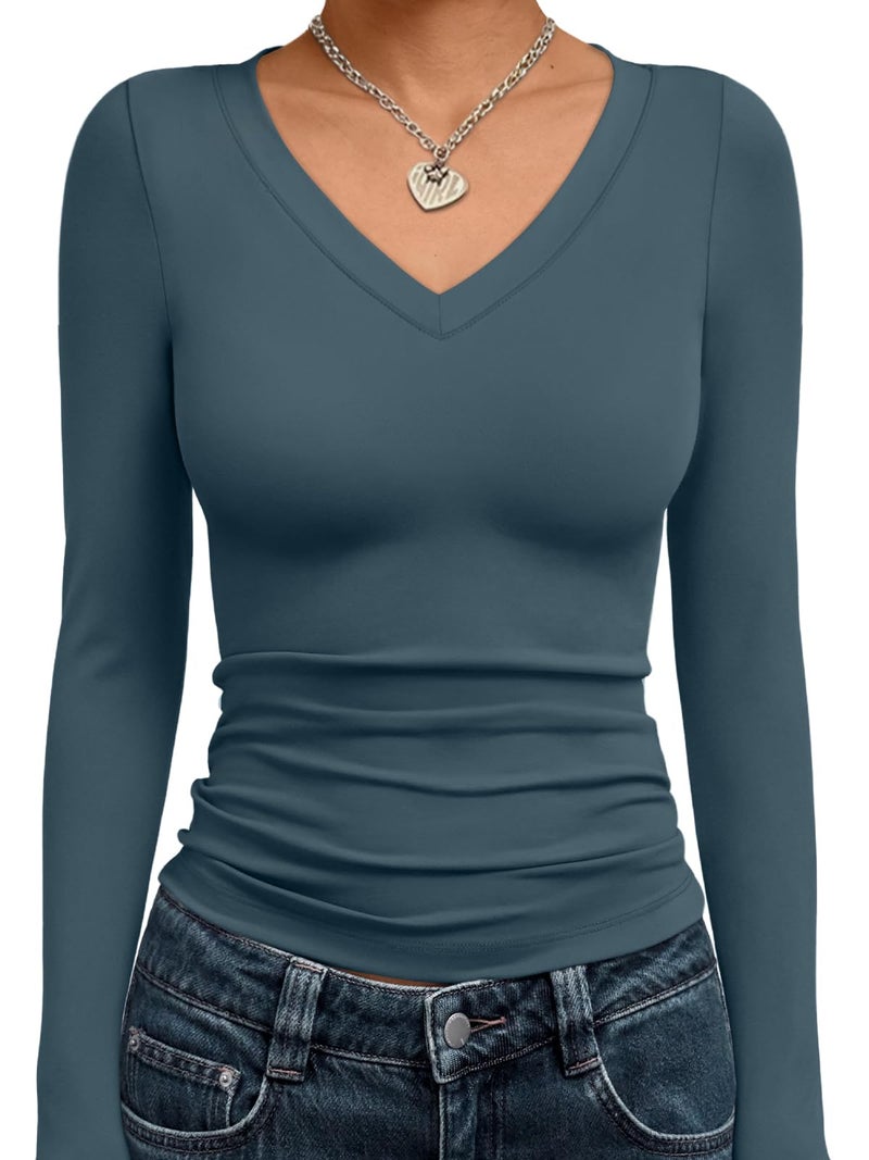 Trendy Queen Long Sleeve Shirts for Women 2026 Fall Fashion Crop Tops for Women V Neck Casual Basics Slim Fitted Y2K Cute Dress Tops Winter Outfits Clothes Blouses HazeBlue S - Image 1
