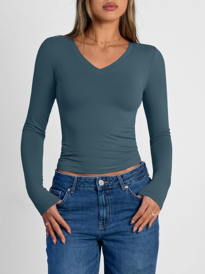 Trendy Queen Long Sleeve Shirts for Women 2026 Fall Fashion Crop Tops for Women V Neck Casual Basics Slim Fitted Y2K Cute Dress Tops Winter Outfits Clothes Blouses HazeBlue S - Image 2