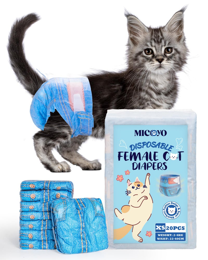 MICOOYO حفاضات قطط ميكوييو القابلة للاستخدام مرة واحدة، حفاضات قطط للقطط الإناث مع مرونة فائقة، حفاضات جراء فائقة الامتصاص، مناسبة للقطط في فترة الحرارة أو السلس، 20 قطعة حجم صغير جداً - Image 1