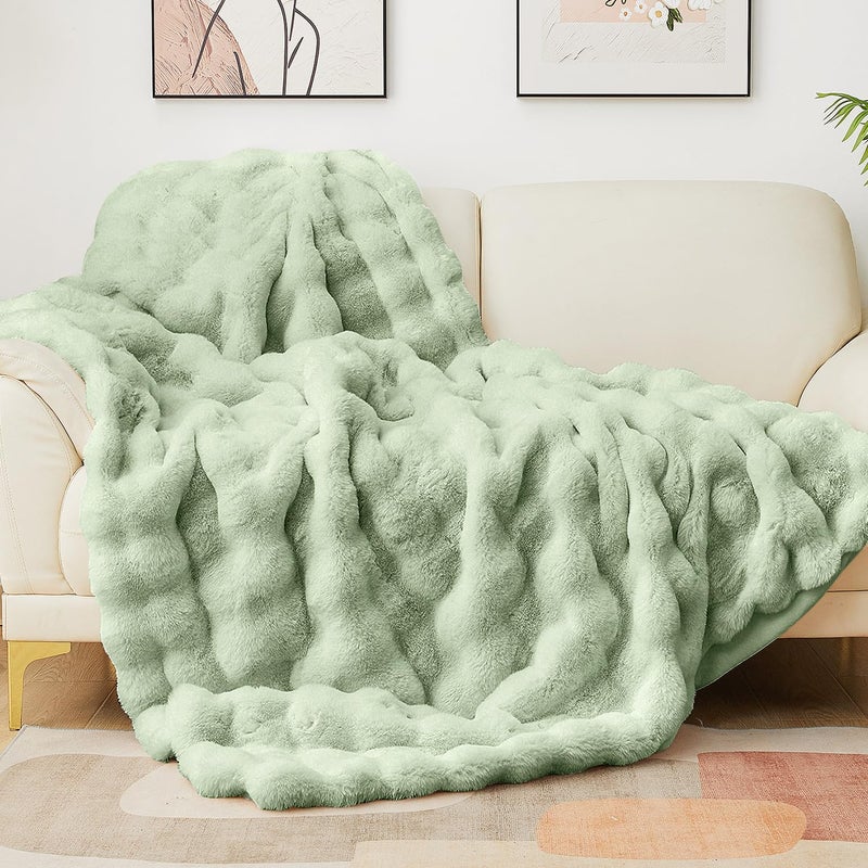 Latepis Faux Fur Throw Blanket Sage Green Bubble Cozy Soft Heavy Blanket for Couch Fuzzy Thick Blanket for Sofa Bedroom Plush Fluffy Warm Blanket for Winter Luxury Throw Blanket 50''x60''  860gsm - Image 1