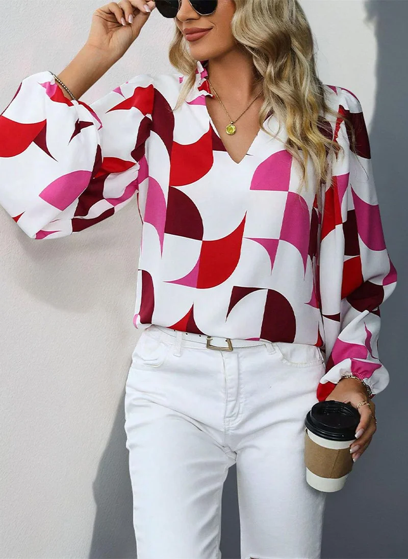 يونيكي White V-Neck Long Sleeves Printed Top