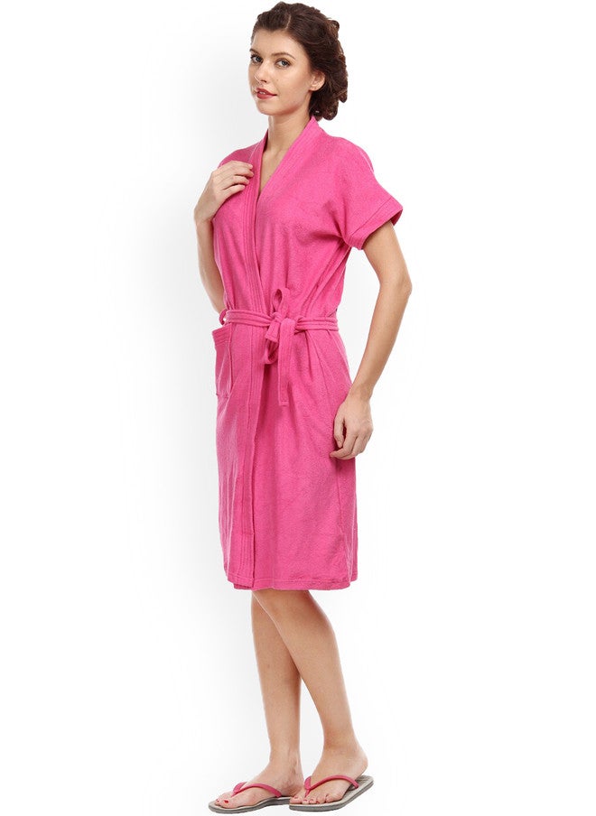 Red Rose RedRose Pink Solid Cotton Drawstring Knee Length Bath Robe - XL - Image 5