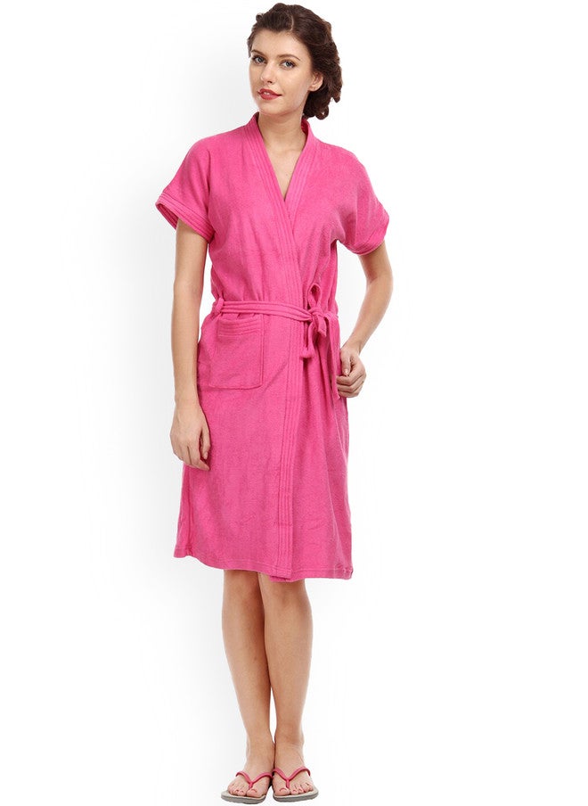Red Rose RedRose Pink Solid Cotton Drawstring Knee Length Bath Robe - XL - Image 1