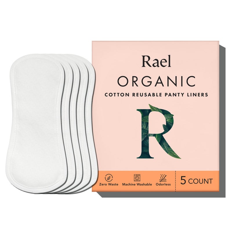Rael Reusable Panty Liners Menstrual, Organic Cotton Cover, Period Essential, Cloth Pantyliner for Women, Washable, Soft and Thin, Leak-Free, Washing Machine Safe (5 Count, White) - Image 1