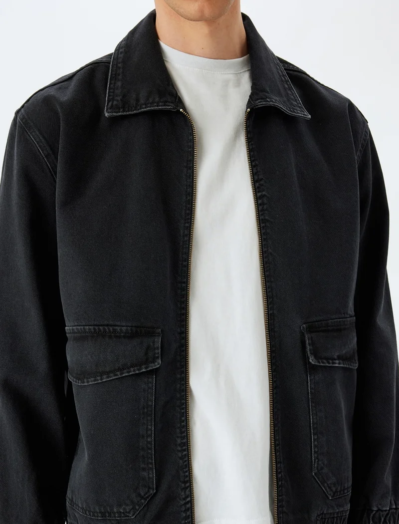 KOTON Cotton Flap Pocket Detailed Zippered Denim Jacket
