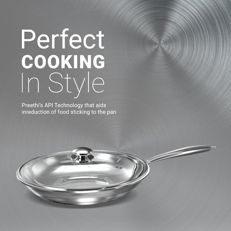 Preethi Metallica Collection Triply Stainless Steel Frypan with Glass Lid 26 cm Gas Induction Compatible Metal Spatula Friendly - Image 5