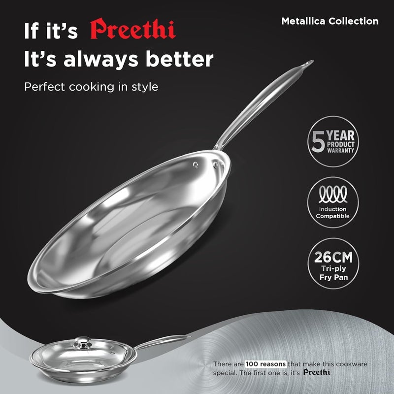 Preethi Metallica Collection Triply Stainless Steel Frypan with Glass Lid 26 cm Gas Induction Compatible Metal Spatula Friendly - Image 2