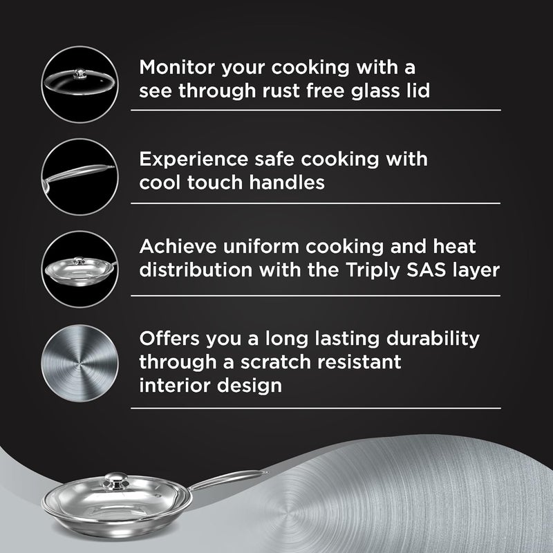 Preethi Metallica Collection Triply Stainless Steel Frypan with Glass Lid 26 cm Gas Induction Compatible Metal Spatula Friendly - Image 4