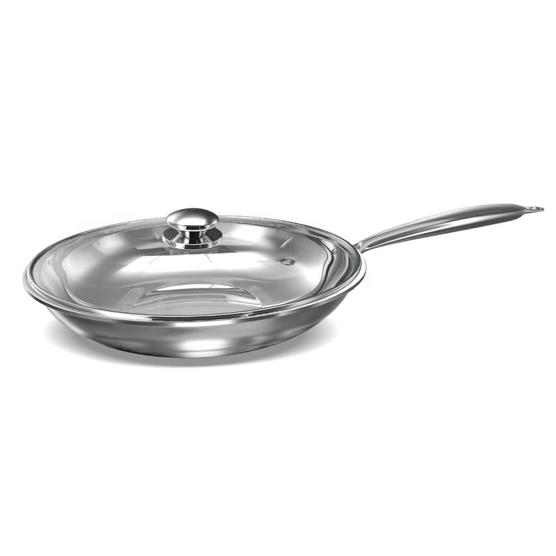 Preethi Metallica Collection Triply Stainless Steel Frypan with Glass Lid 26 cm Gas Induction Compatible Metal Spatula Friendly - Image 1