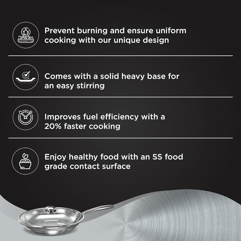 Preethi Metallica Collection Triply Stainless Steel Frypan with Glass Lid 26 cm Gas Induction Compatible Metal Spatula Friendly - Image 3
