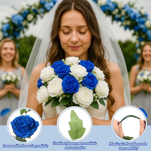 Geosar 8 Bundles Artificial Peonies Flowers Fake Silk Peony Bouquet Faux Peonies Flowers Bulk for Decoration Vase Floral Arrangements Wedding Party Table (Royal Blue,White) - Image 3