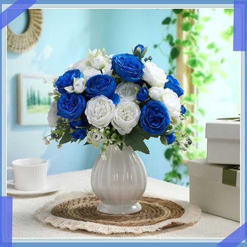 Geosar 8 Bundles Artificial Peonies Flowers Fake Silk Peony Bouquet Faux Peonies Flowers Bulk for Decoration Vase Floral Arrangements Wedding Party Table (Royal Blue,White) - Image 4