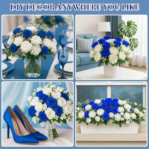 Geosar 8 Bundles Artificial Peonies Flowers Fake Silk Peony Bouquet Faux Peonies Flowers Bulk for Decoration Vase Floral Arrangements Wedding Party Table (Royal Blue,White) - Image 5